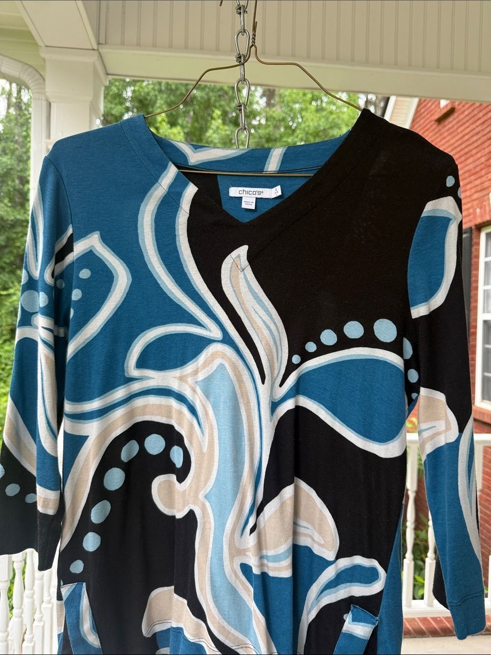 Chico's Teal, Black & Cream Abstract Knit Top